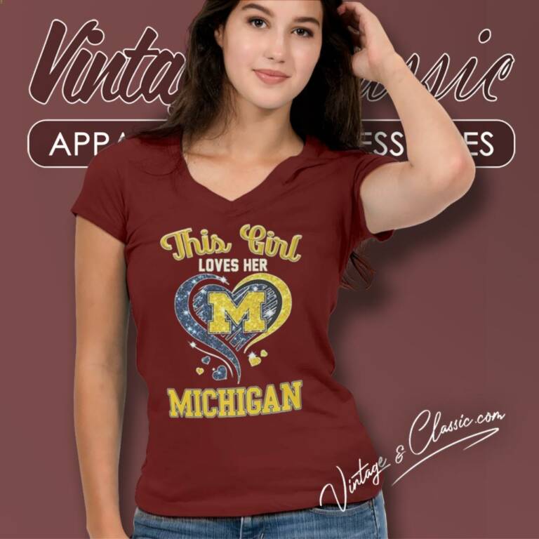 This Girl Loves Her Michigan Wolverines Diamond Heart 2024 V Neck TShirt This Girl Loves Her Michigan Wolverines Diamond Heart 2024 V Neck TShirt
