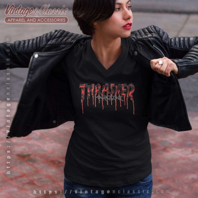 Thrasher Magazine Blood Drip V Neck TShirt Thrasher Magazine Blood Drip V Neck TShirt