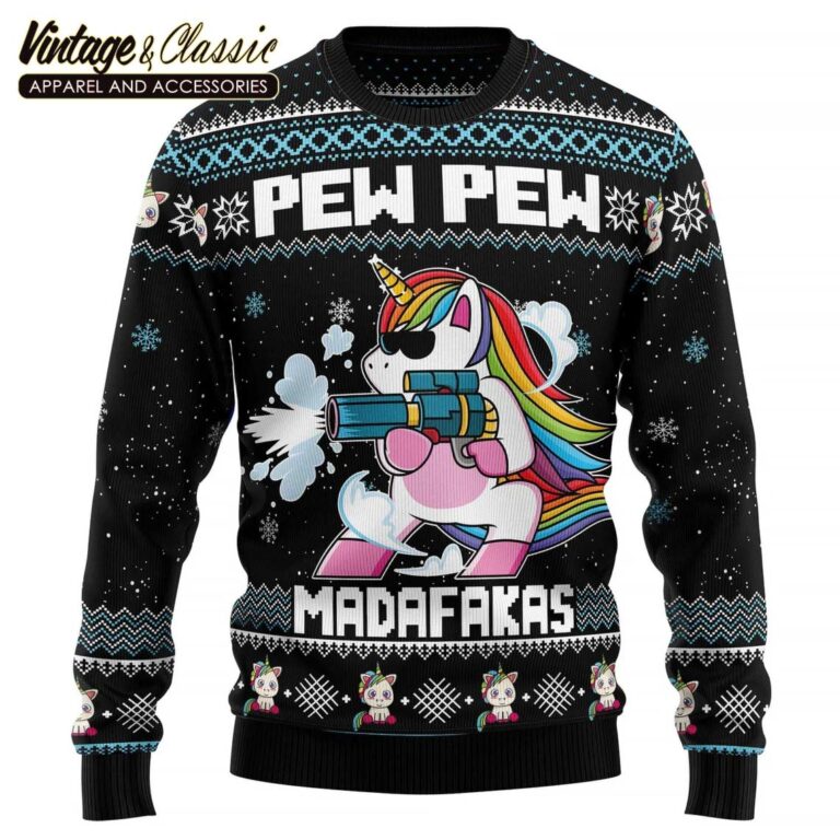 Unicorn Pew Pew Ugly Christmas Sweater Sweatshirt front Unicorn Pew Pew Ugly Christmas Sweater Sweatshirt front