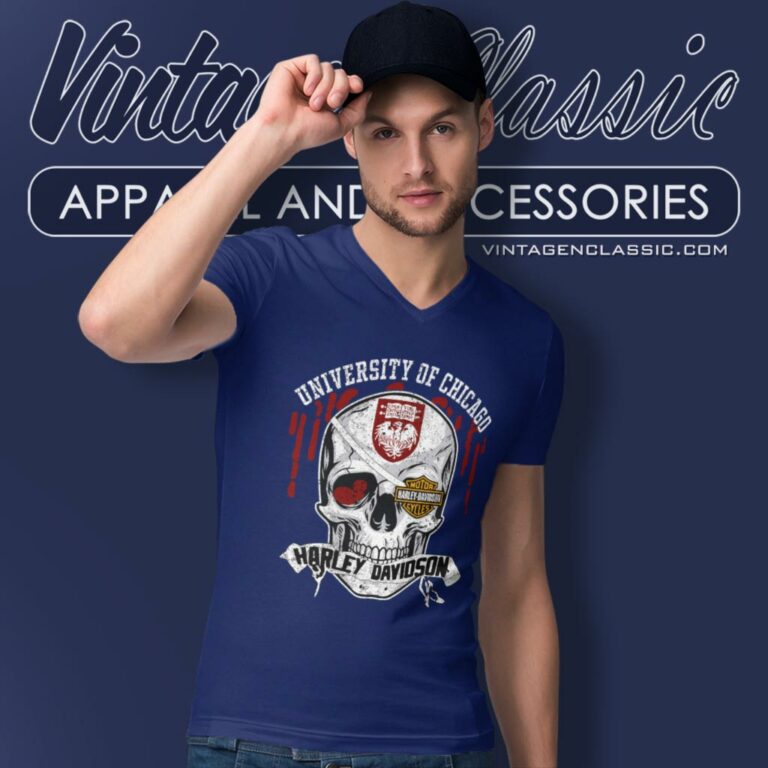 University Of Chicago Harley Davidson Skull V Neck TShirt University Of Chicago Harley Davidson Skull V Neck TShirt