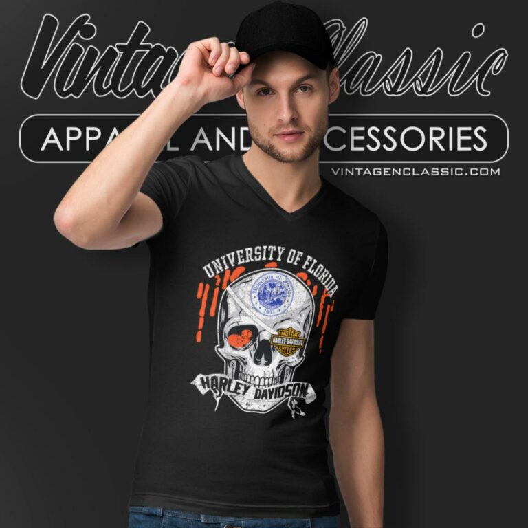 University Of Florida Harley Davidson Skull V Neck TShirt University Of Florida Harley Davidson Skull V Neck TShirt