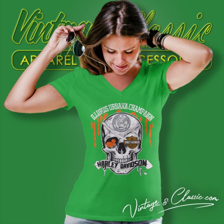 University Of Illinois Urbana Champaign Harley Davidson Skull V Neck TShirt University Of Illinois Urbana Champaign Harley Davidson Skull V Neck TShirt