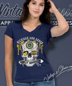 University Of Michigan Ann Arbor Harley Davidson Skull V Neck TShirt