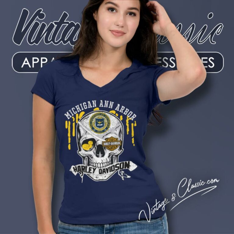 University Of Michigan Ann Arbor Harley Davidson Skull V Neck TShirt University Of Michigan Ann Arbor Harley Davidson Skull V Neck TShirt