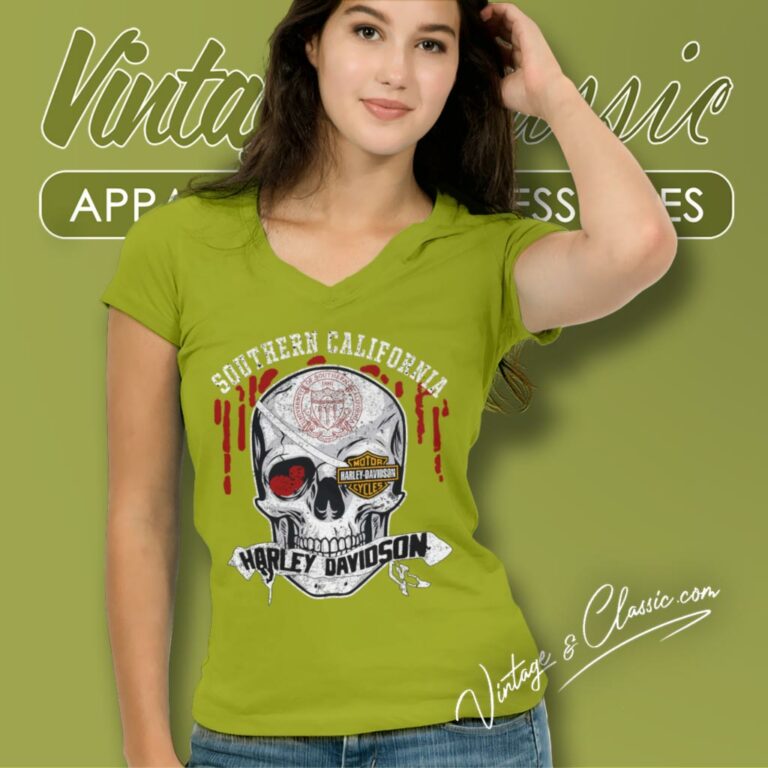 University Of Southern California Harley Davidson Skull V Neck TShirt University Of Southern California Harley Davidson Skull V Neck TShirt