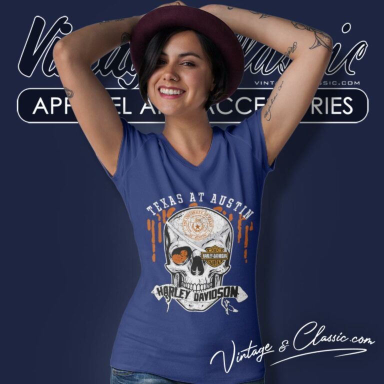 University Of Texas At Austin Harley Davidson Skull V Neck TShirt University Of Texas At Austin Harley Davidson Skull V Neck TShirt
