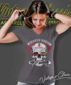 University Of Wisconsin Madison Harley Davidson Skull Shirt 5 University Of Wisconsin Madison Harley Davidson Skull V Neck TShirt