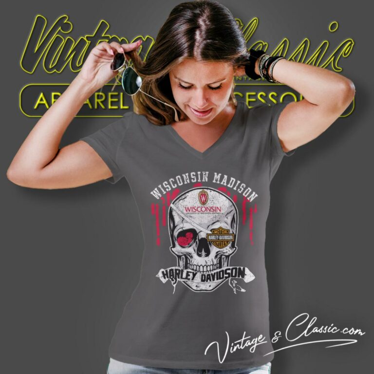 University Of Wisconsin Madison Harley Davidson Skull V Neck TShirt University Of Wisconsin Madison Harley Davidson Skull V Neck TShirt