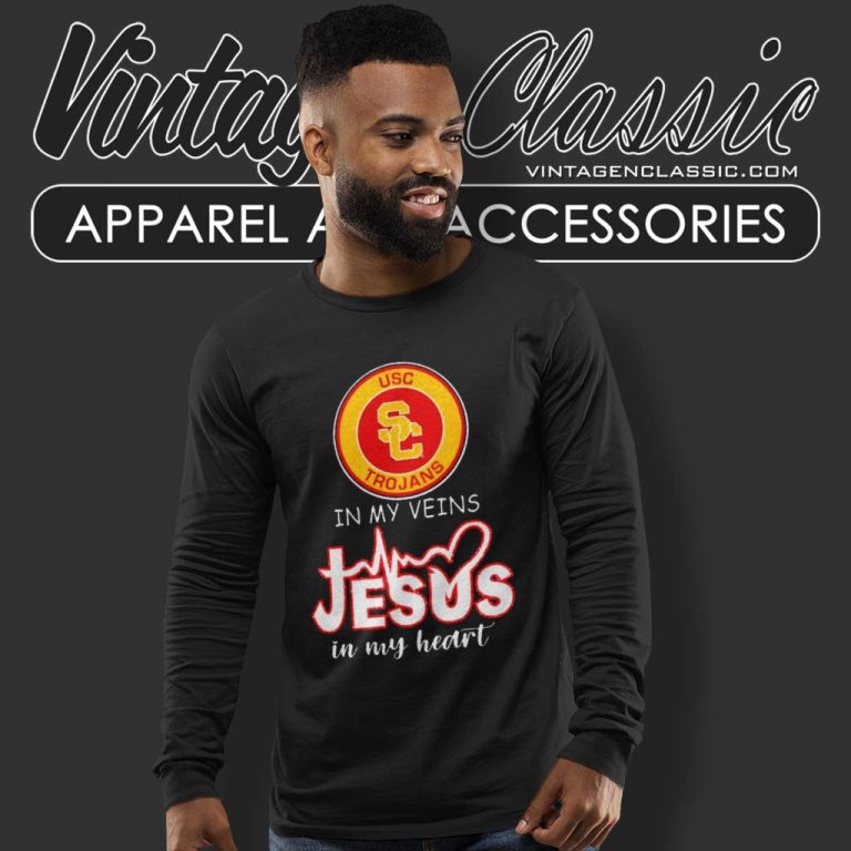 Usc Trojans In My Veins Jesus In My Heart Long Sleeve Tee Usc Trojans In My Veins Jesus In My Heart Long Sleeve Tee