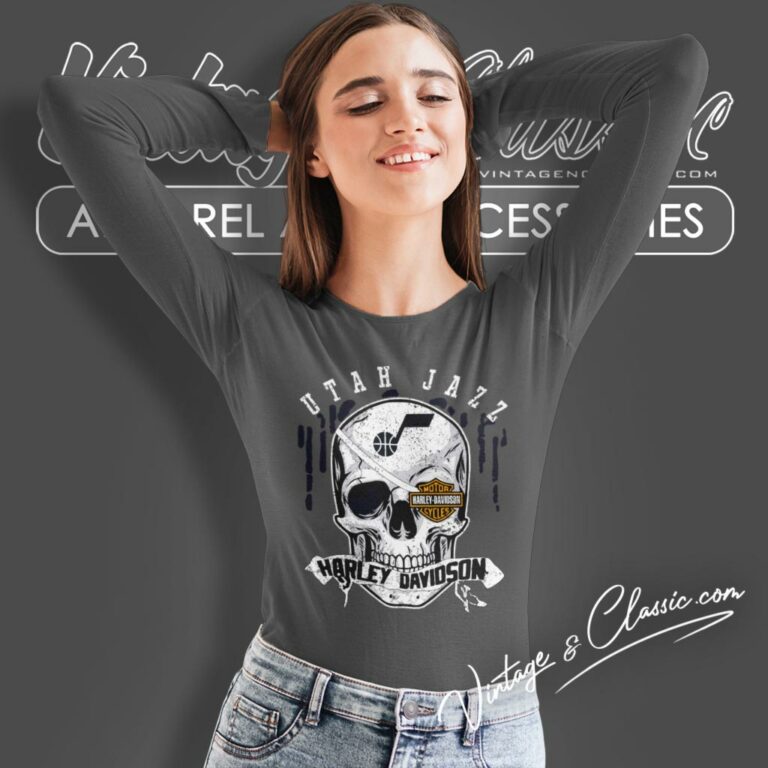 Utah Jazz Harley Davidson Skull Long Sleeve Tee 1 Utah Jazz Harley Davidson Skull Long Sleeve Tee 1