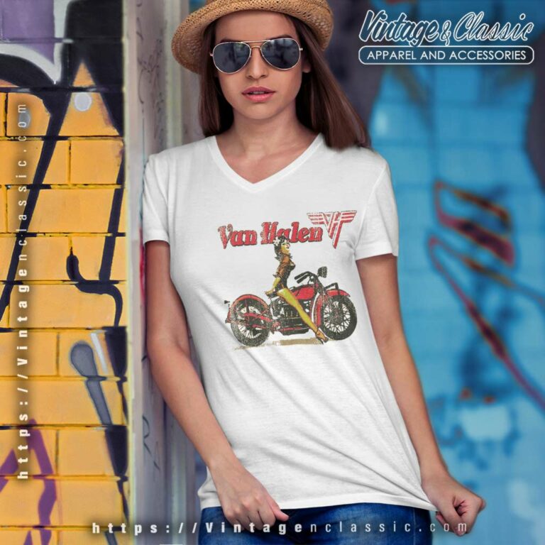 Van Halen Biker Pin Up V Neck TShirt Van Halen Biker Pin Up V Neck TShirt