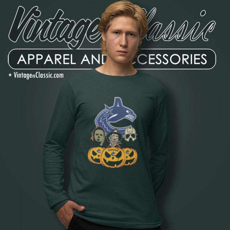 Vancouver Canucks Halloween Horror Movie Pumpkin Long Sleeve Tee Vancouver Canucks Halloween Horror Movie Pumpkin Long Sleeve Tee