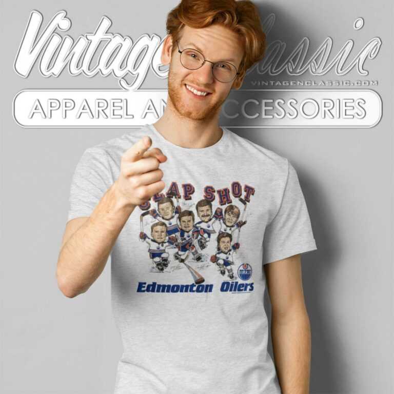 Vintage 1980s Edmonton Oilers Big Head Slapshot Caricature T Shirt Vintage 1980s Edmonton Oilers Big Head Slapshot Caricature T Shirt