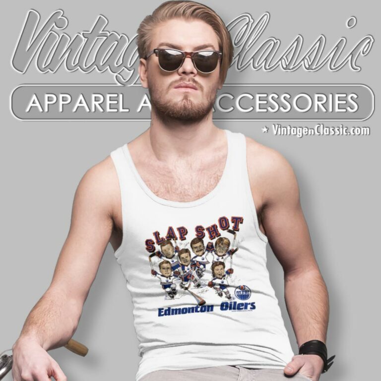 Vintage 1980s Edmonton Oilers Big Head Slapshot Caricature Tank Top Racerback Vintage 1980s Edmonton Oilers Big Head Slapshot Caricature Tank Top Racerback