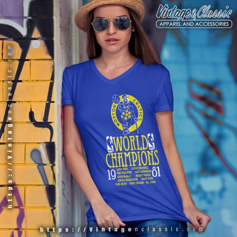 Vintage 1981 Boston Celtics World Champions Graphic V Neck TShirt Vintage 1981 Boston Celtics World Champions Graphic V Neck TShirt