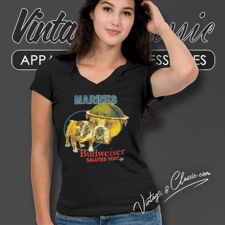 Vintage Budweiser Beer Marines Salute You Bulldog V Neck TShirt Vintage Budweiser Beer Marines Salute You Bulldog V Neck TShirt