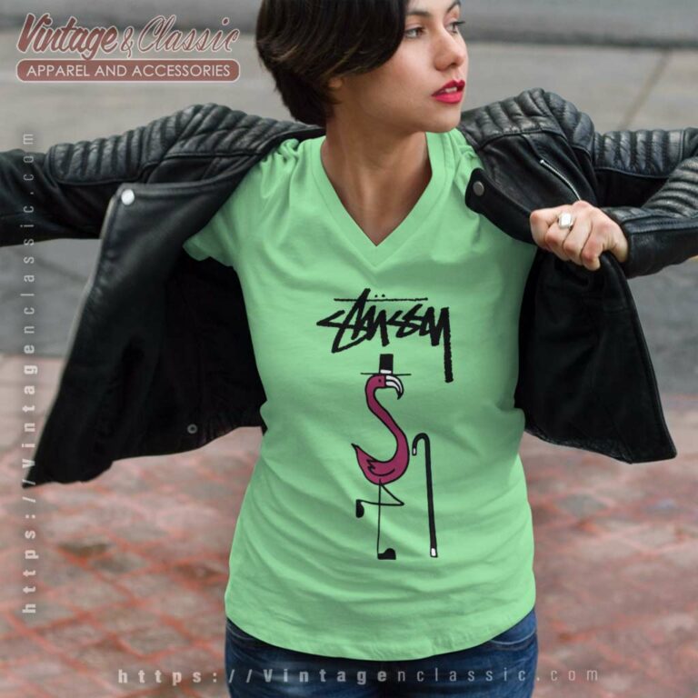 Vintage Stussy Flamingo Graphic V Neck TShirt Vintage Stussy Flamingo Graphic V Neck TShirt