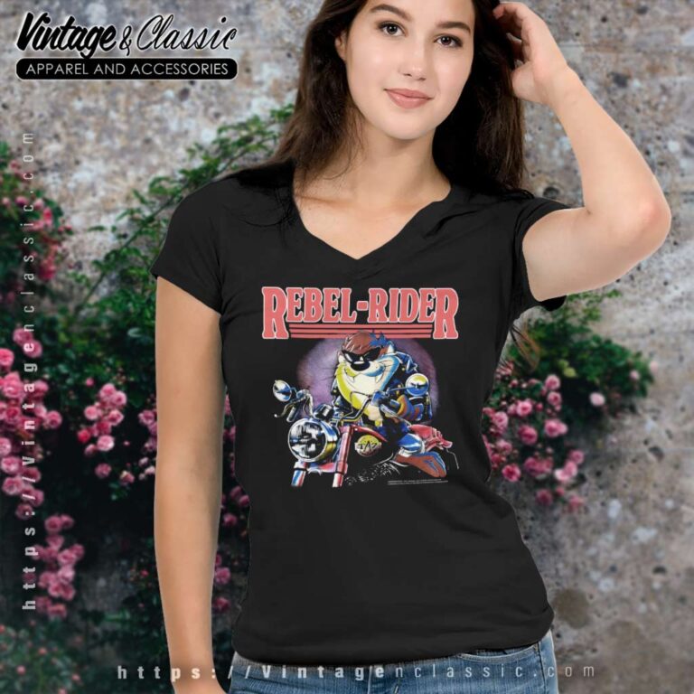 Vintage Taz Tasmanian Devil Rebel Rider V Neck TShirt Vintage Taz Tasmanian Devil Rebel Rider V Neck TShirt