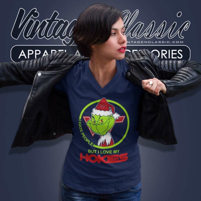 Virginia Tech Hokies Ncaa Christmas Grinch Shirt I Hate People But I Love My Hokies V Neck TShirt Virginia Tech Hokies Ncaa Christmas Grinch Shirt I Hate People But I Love My Hokies V Neck TShirt