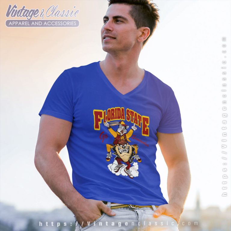 Warner Bros 1994 Warner Bros Tasmanian And Bug Bunny Florida State V Neck TShirt Warner Bros 1994 Warner Bros Tasmanian And Bug Bunny Florida State V Neck TShirt