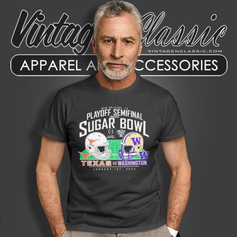 Washington Huskies Vs Texas Longhorns College Football Playoff 2024 Sugar Bowl Matchup T Shirt Washington Huskies Vs Texas Longhorns College Football Playoff 2024 Sugar Bowl Matchup T Shirt