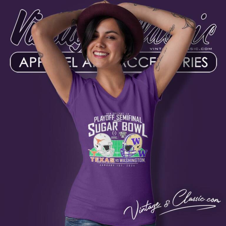 Washington Huskies Vs Texas Longhorns College Football Playoff 2024 Sugar Bowl Matchup V Neck TShirt Washington Huskies Vs Texas Longhorns College Football Playoff 2024 Sugar Bowl Matchup V Neck TShirt