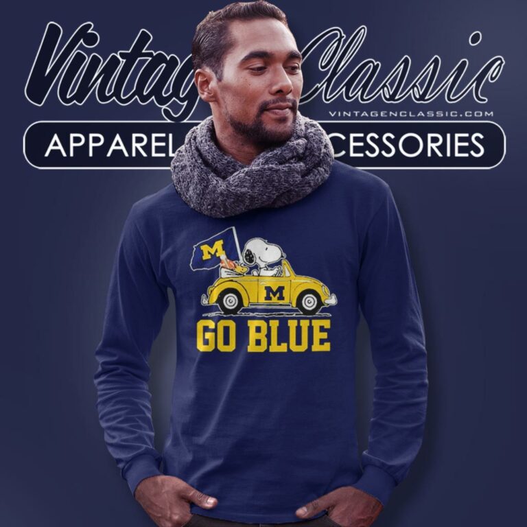Wolverines Snoopy And Woodstock On Car Go Blue Long Sleeve Tee Wolverines Snoopy And Woodstock On Car Go Blue Long Sleeve Tee