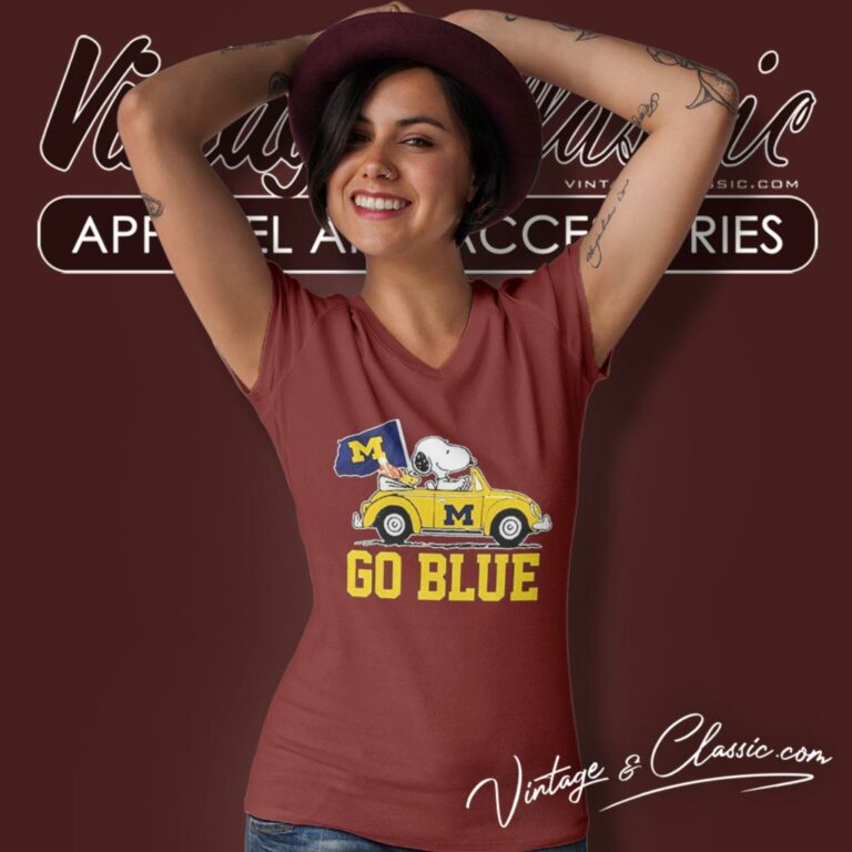 Wolverines Snoopy And Woodstock On Car Go Blue V Neck TShirt Wolverines Snoopy And Woodstock On Car Go Blue V Neck TShirt